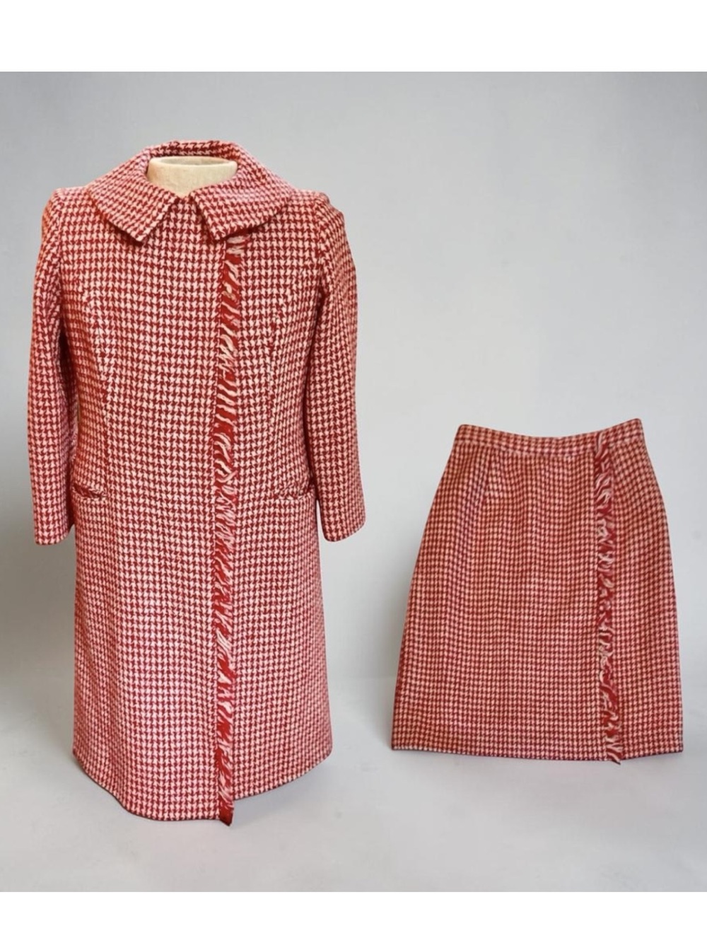 VTG 60’s Custom 2 Pc Red/Cream Houndstooth Tweed Wool Blazer Jacket & Skirt M